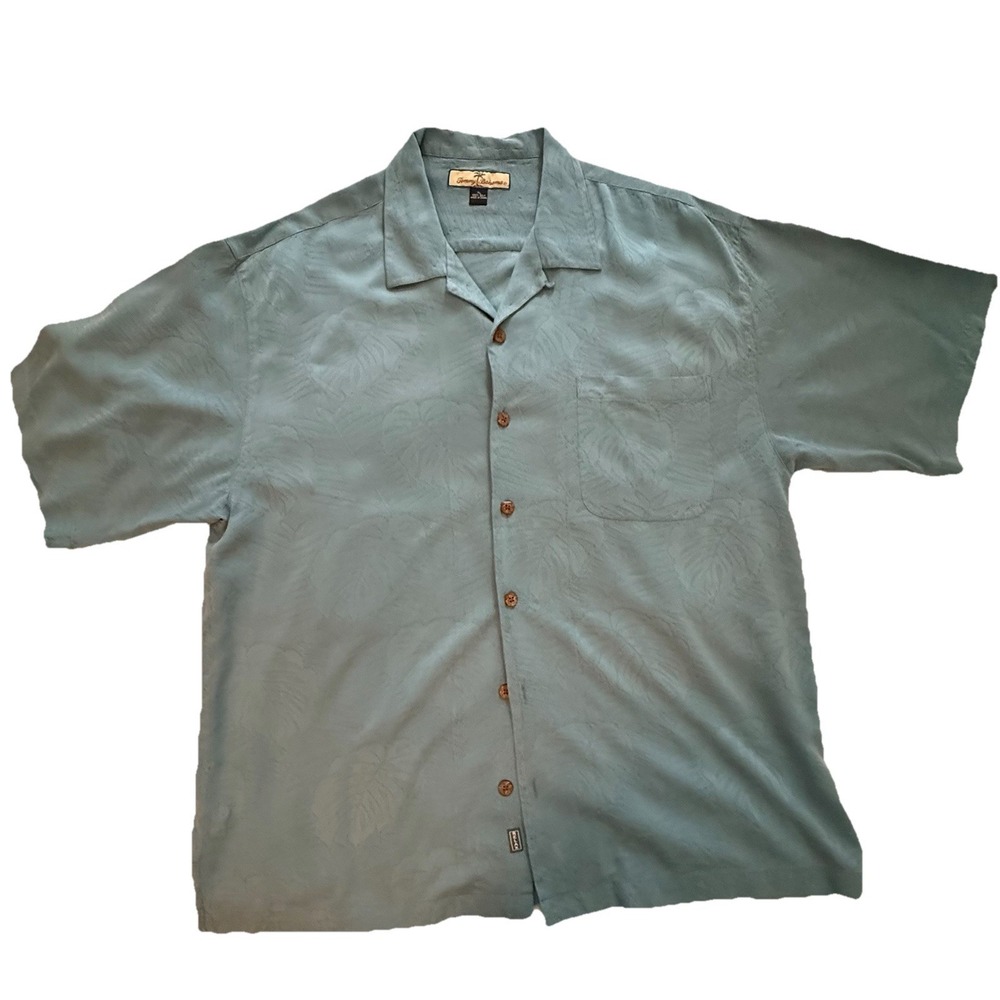 VTG Tommy Bahama XL‎ 100% Silk Shirt MONOCHROMATIC Teal Palms Design Resort Wear